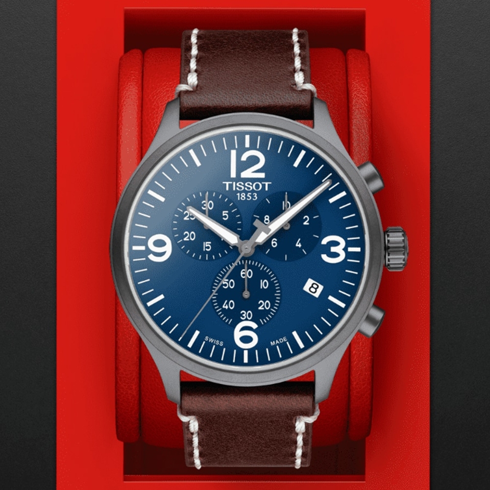 TISSOT天梭 官方授權 韻馳系列 XL計時碼錶石英腕錶-棕x藍 禮物推薦 畢業禮物 45mm/T1166173604700