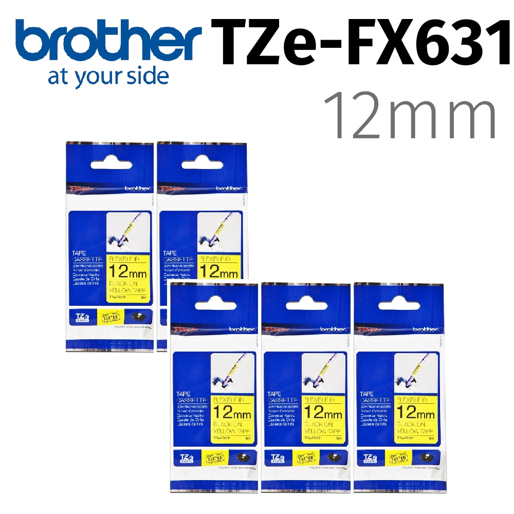 【5入組】brother TZe-FX631(可彎曲)纜線標籤帶 ( 12mm黃底黑字 )