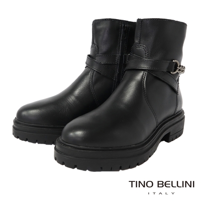 Tino Bellini 巴西進口牛皮交叉鍊飾側拉鍊短筒軍靴-黑