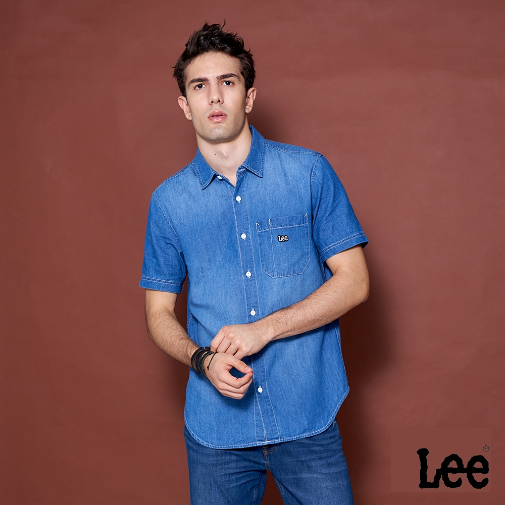 Lee 男款 經典刷色短袖牛仔襯衫 中藍洗水｜Modern