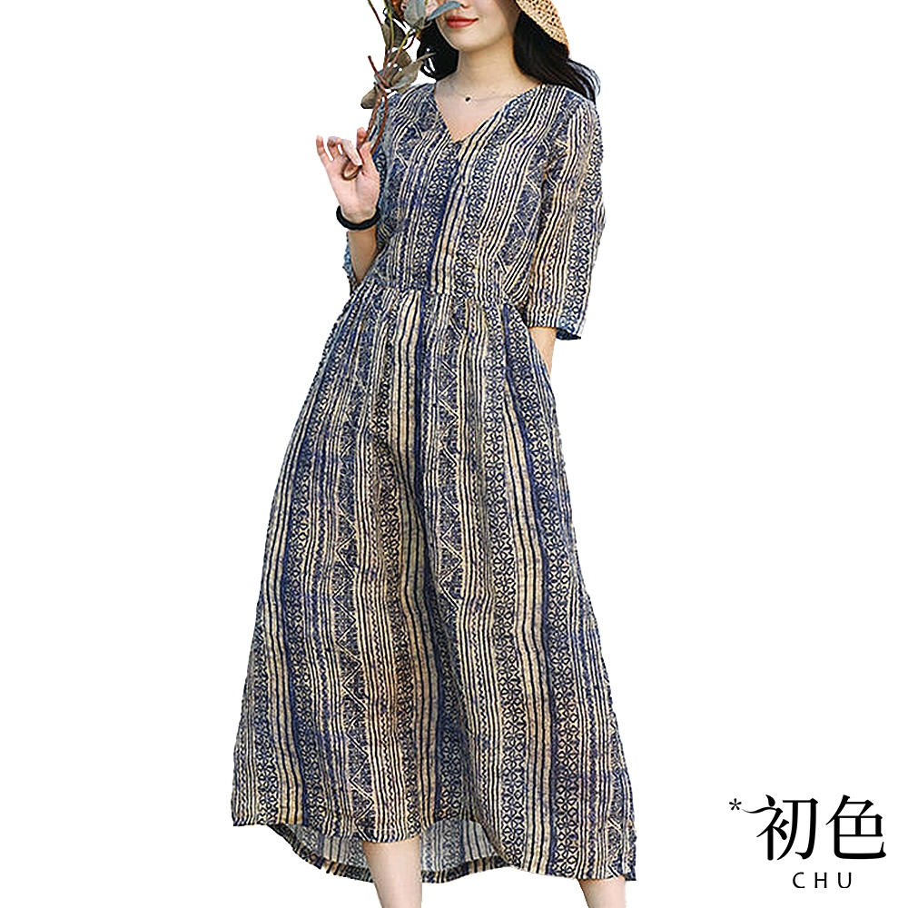 初色  棉麻復古條紋寬鬆洋裝-藍色-61460(M-2XL可選)