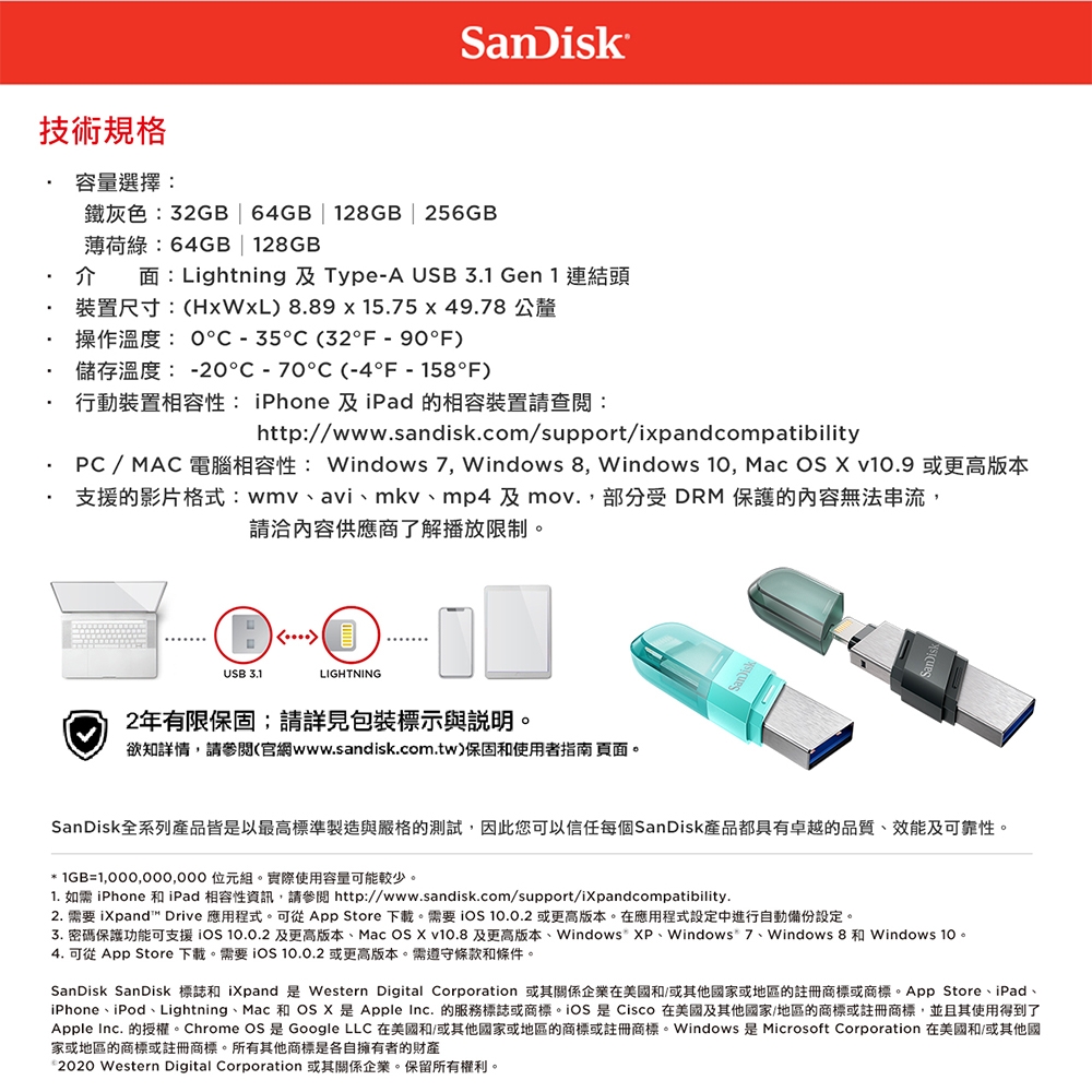 SanDisk iXpand Flip 128GB 隨身碟薄荷綠iPhone / iPad 適用(公司貨