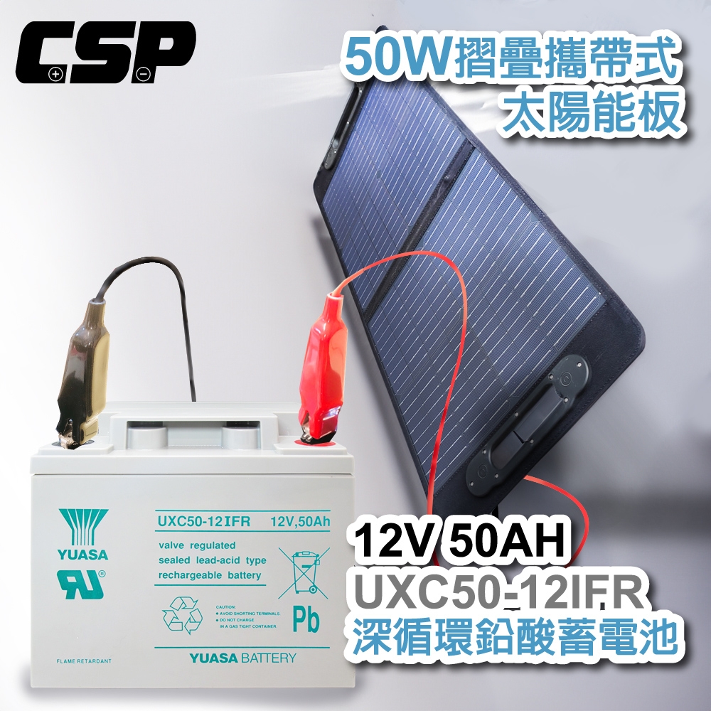 【CSP】太陽能板+深循環電池12V50W 可收納攜帶 露營戶外用 電瓶充電 連接手機充電 露營車UXC50-12IFR+SP-50
