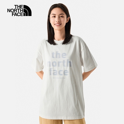 【The North Face 官方旗艦】北面女款米白色純棉品牌標語休閒短袖T恤｜86Q8N3N