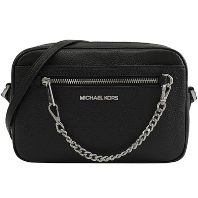 MICHAEL KORS JET SET 金屬LOGO皮革拉鍊斜背方包(黑/銀LOGO)