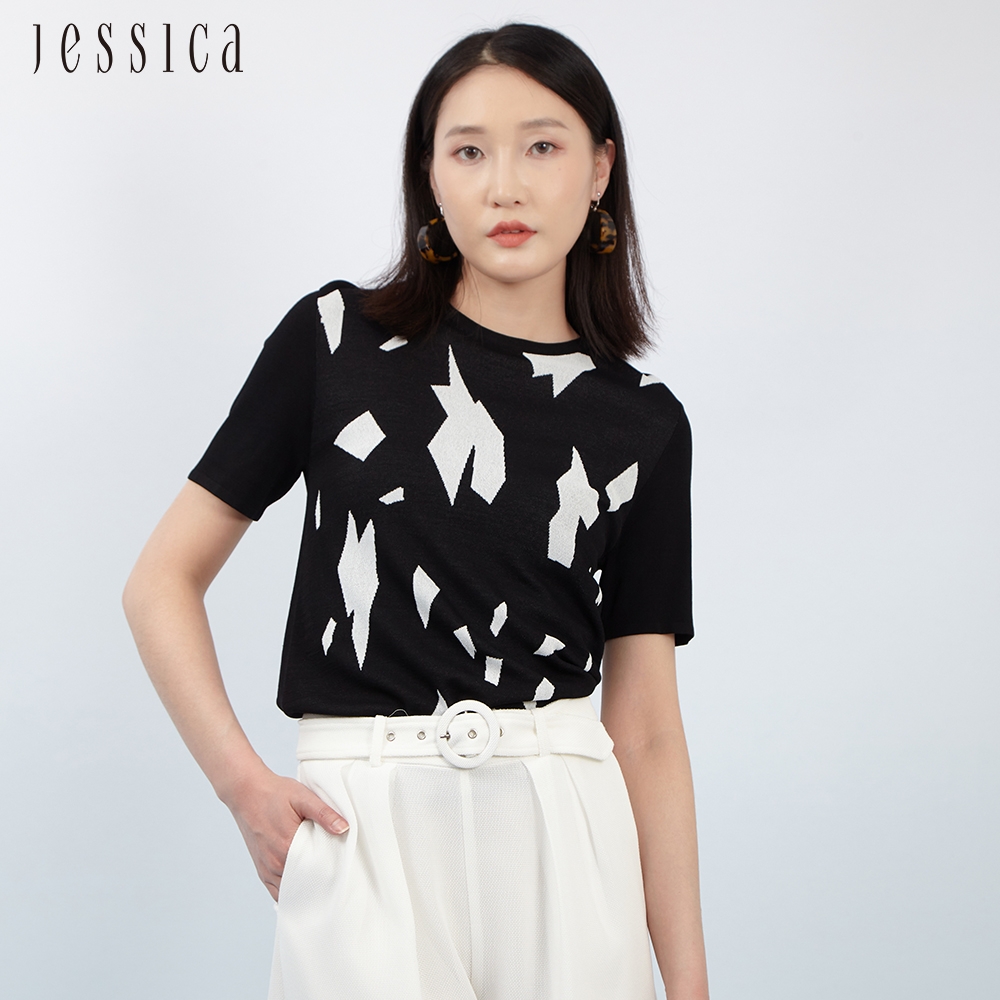 JESSICA - 百搭幾何印花圓領短袖針織衫233253