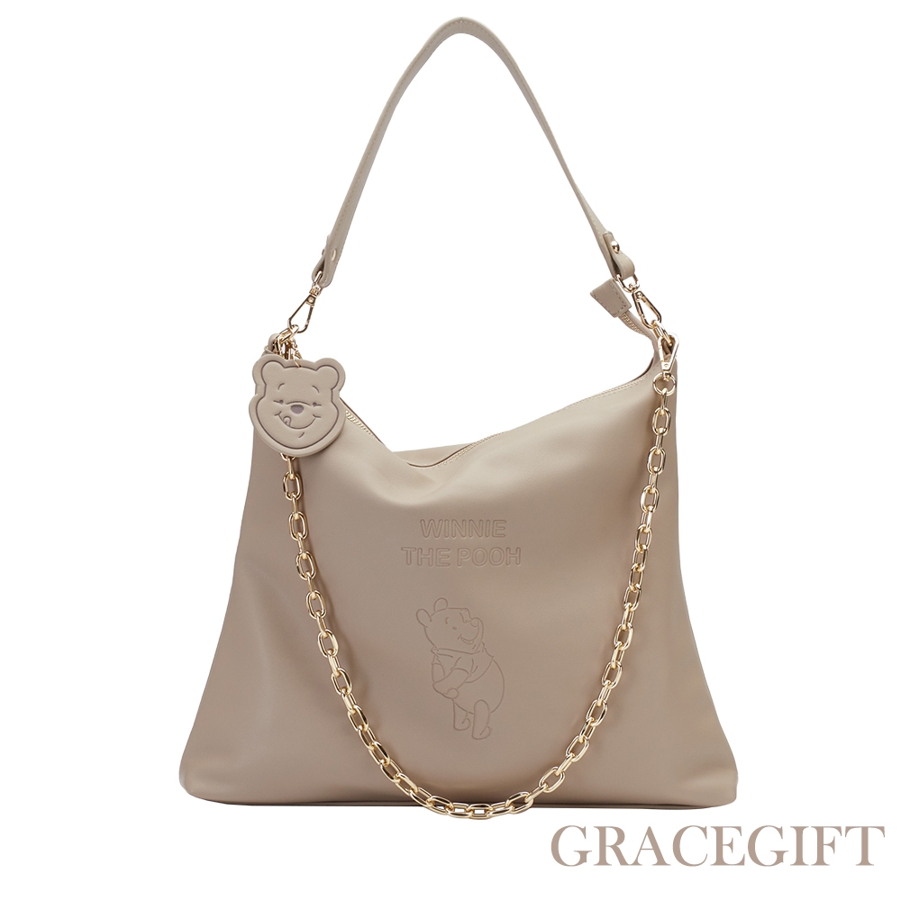 【Grace Gift】迪士尼小熊維尼款鏈條軟皮革肩背包 淺咖 product image 1