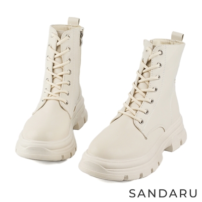 山打努SANDARU-短靴 綁帶側拉鍊厚底馬丁靴-米