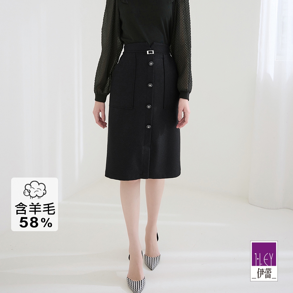ILEY伊蕾 時尚高雅金蔥排釦造型羊毛鉛筆裙(黑色；M-XL)1223022116