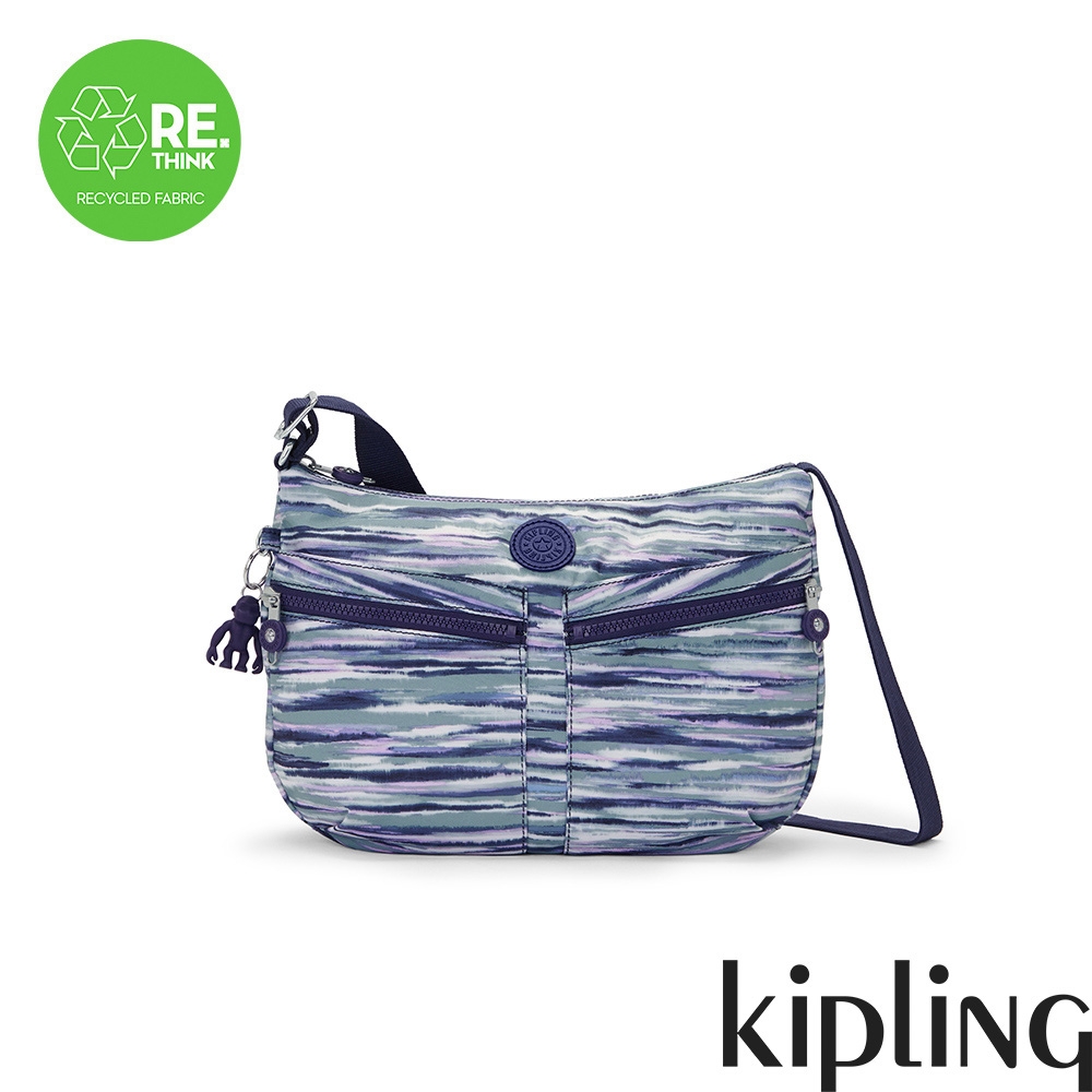 Kipling 霧藍手刷條紋雙拉鍊前袋肩背包-IZELLAH