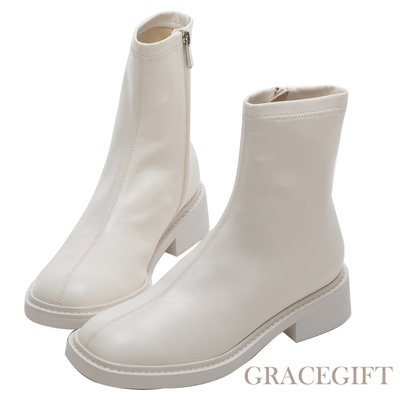 【Grace Gift】吉利聯名-澎澎圓頭舒適微厚底短靴 米白