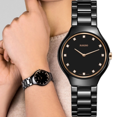 RADO 雷達錶 官方授權(R02) True Thinline真薄簡約時尚陶瓷女腕錶-黑/30mm