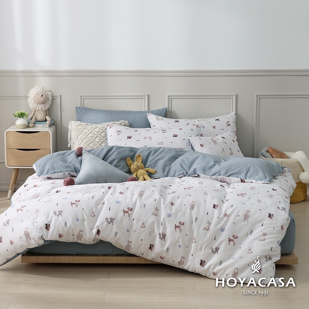 HOYACASA 100%精梳棉兩用被四件式床包組-多款尺寸任選 (快速出貨) (森遊之旅)