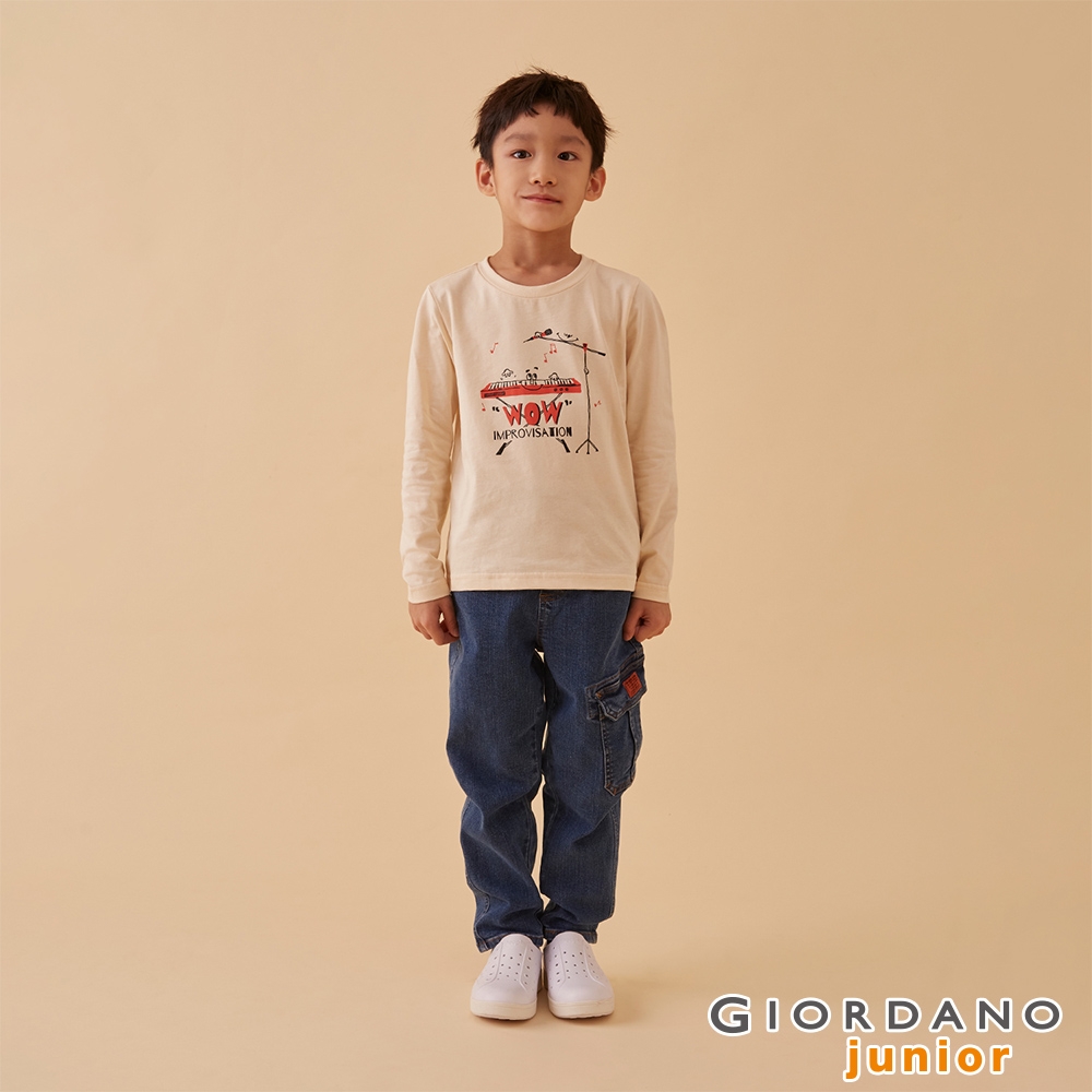 GIORDANO 童裝樂器印花長袖T恤 - 51 納瓦白