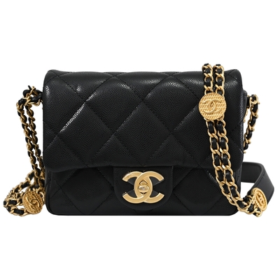 CHANEL 新款金幣鏈帶小牛皮Mini方胖肩斜背包(黑 17cm)