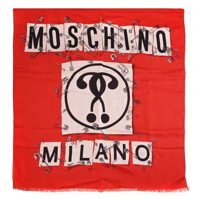 MOSCHINO 品牌LOGO印花混紡絲質圍巾(紅 70*190)