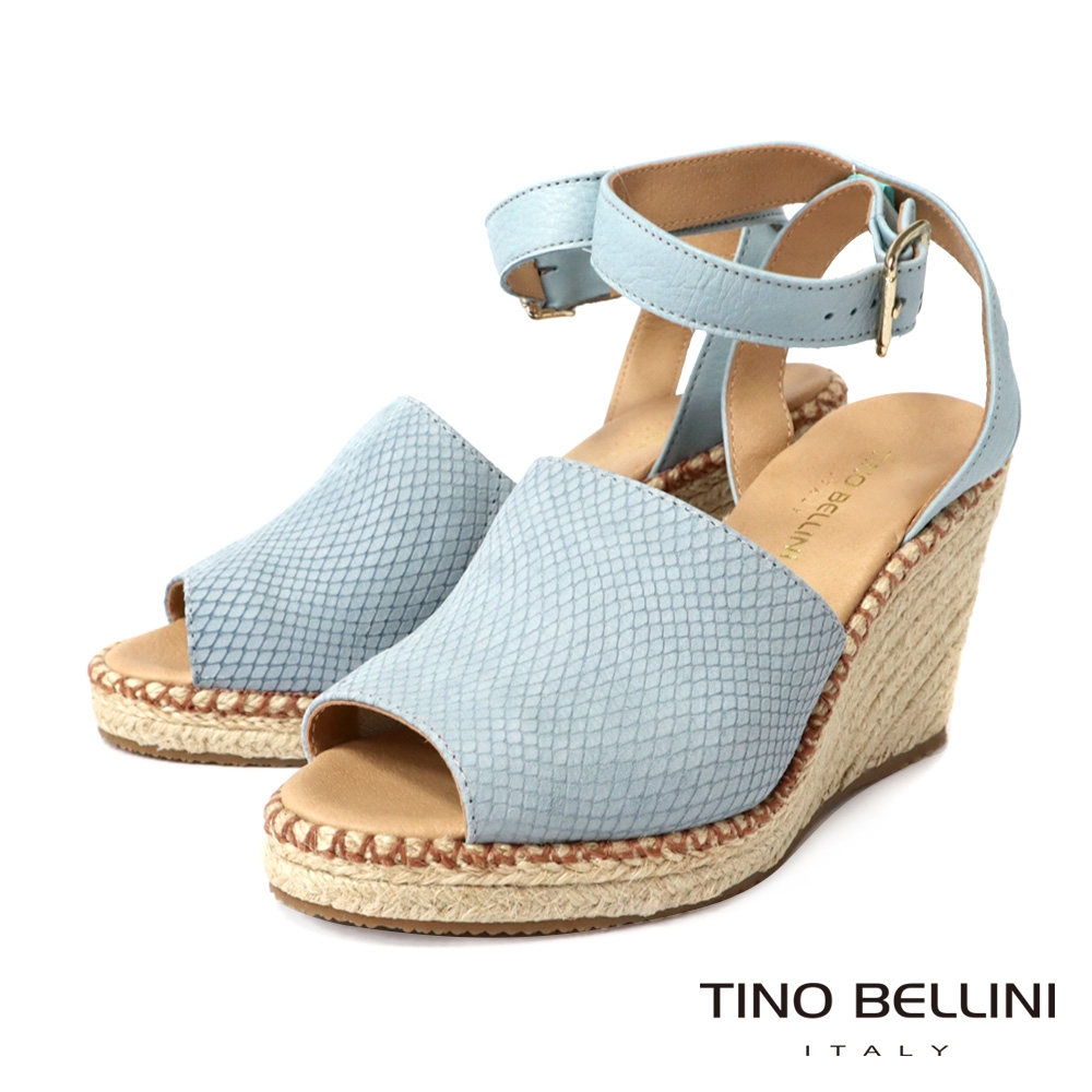 Tino Bellini 巴西進口粉嫩色調魚口繞踝麻邊楔型涼鞋-粉藍