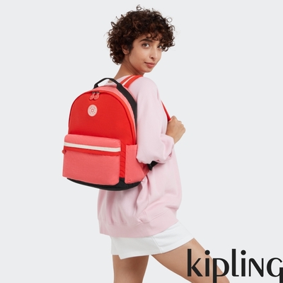 Kipling 甜潤粉紅多袋拉鍊後背包-DAMIEN M