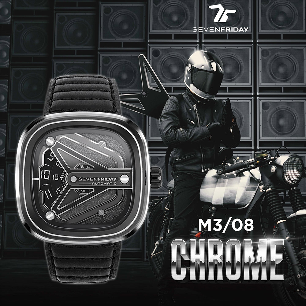 SEVENFRIDAY M3/08 CHROME 龐克搖滾自動上鍊機械錶-黑/47.6x47mm