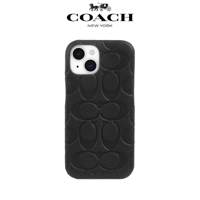 【COACH】iPhone 15 精品真皮手機殼 黑色壓花經典大C
