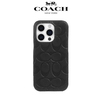 【COACH】iPhone 15 Pro 精品真皮手機殼 黑色壓花經典大C