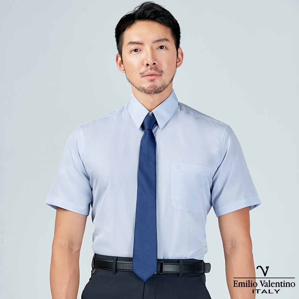 Emilio Valentino 范倫提諾吸濕排汗條紋短袖襯衫-三色任選 (藍)
