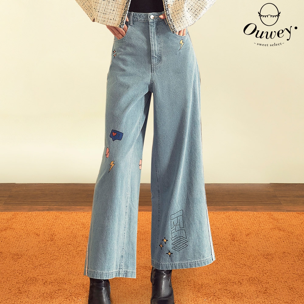 OUWEY歐薇 品牌印花造型線條純棉牛仔寬褲(藍色；S-L)3223168630