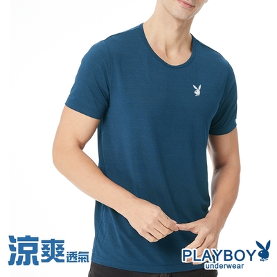 PLAYBOY 速乾透氣波浪紋氣網排汗圓領短袖衫-單件(霧藍)