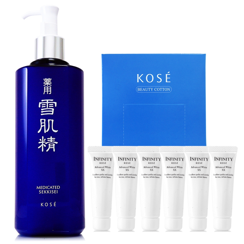 *KOSE高絲 雪肌精化妝水500ml(任選)+無限肌緻極光深白瞬透精華10ml*6+化妝棉50枚入/盒(正統公司貨)