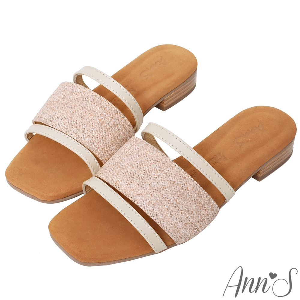 Ann’S水洗牛皮-小清新麻料木紋跟方頭涼拖鞋-粉
