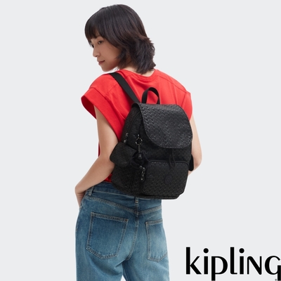 『猴子包』Kipling 經典黑菱格紋印花拉鍊掀蓋後背包-CITY PACK S