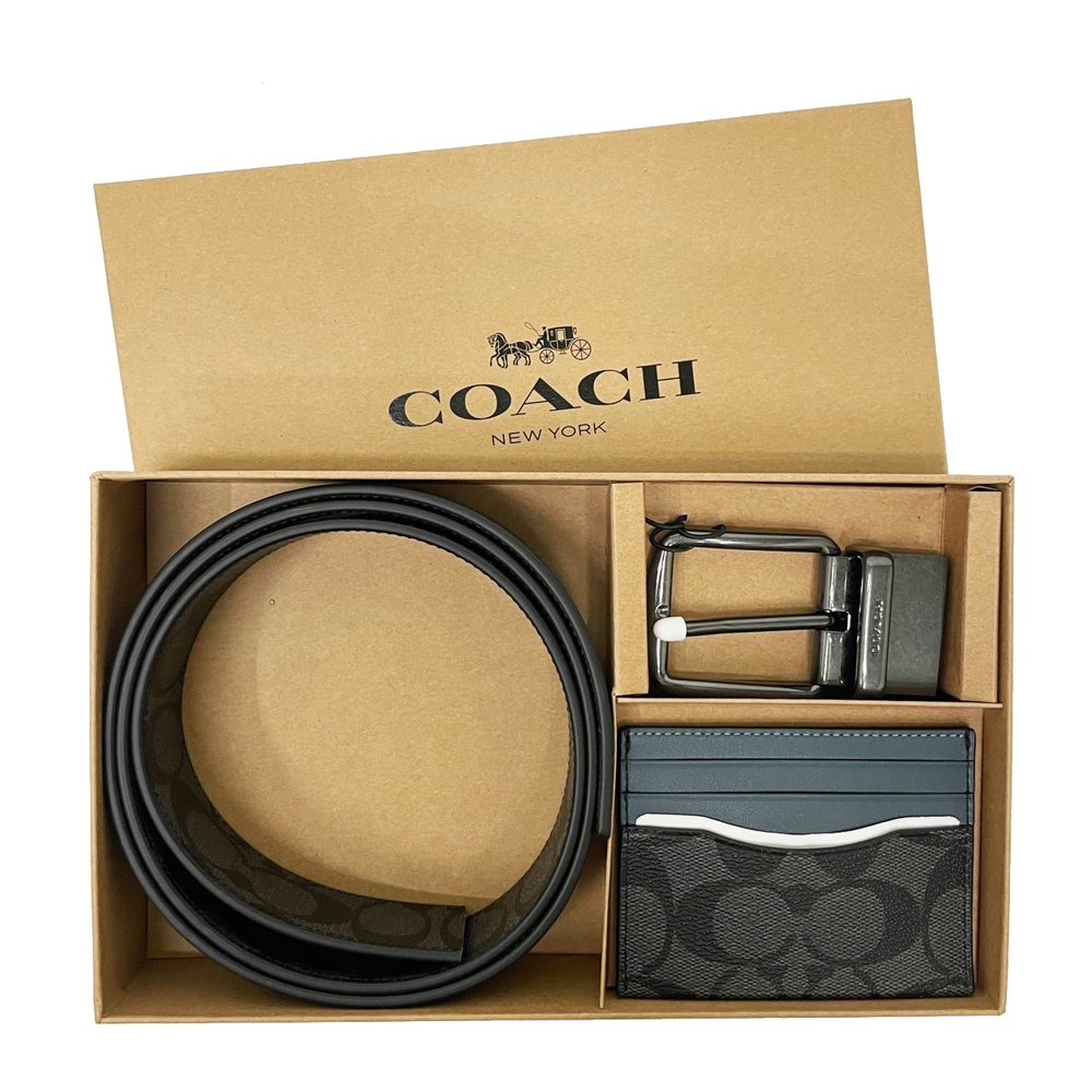 COACH 經典C LOGO男款雙面用寬版皮帶卡夾禮盒(黑灰/灰藍)