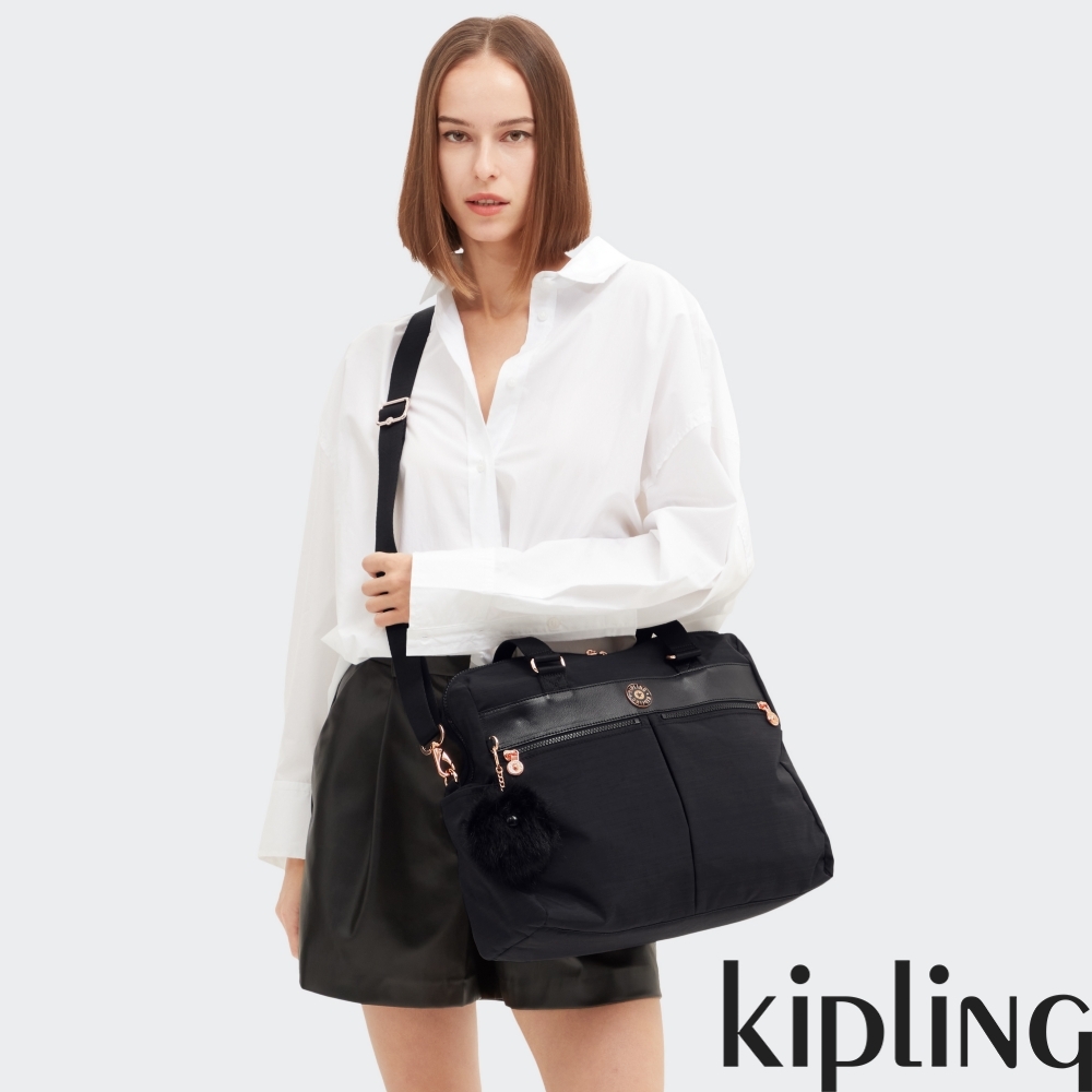 Kipling 質感百搭黑雙拉鍊前袋托特包-VALERIA