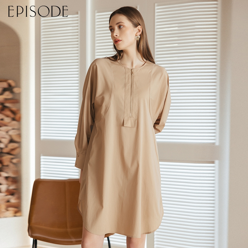 EPISODE - 休閒寬鬆拉鏈圓領棉質長袖洋裝E35705卡其（偏寬鬆）