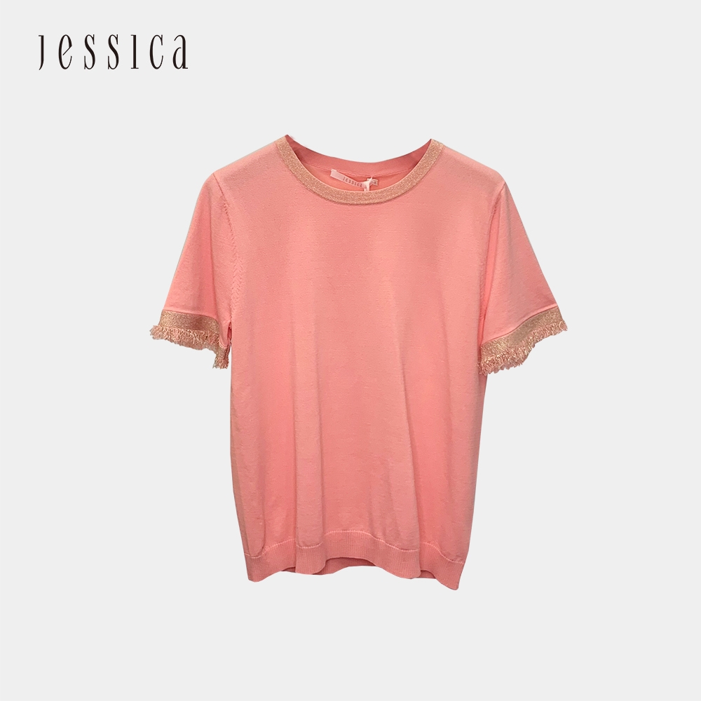 JESSICA - 金蔥滾邊百搭圓領短袖針織衫（桃紅）