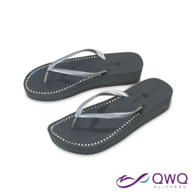 QWQ 女款3cm厚底夾腳拖鞋-璀璨水鑽-增高拖鞋-厚底拖鞋-尊榮灰(BEBB00808)