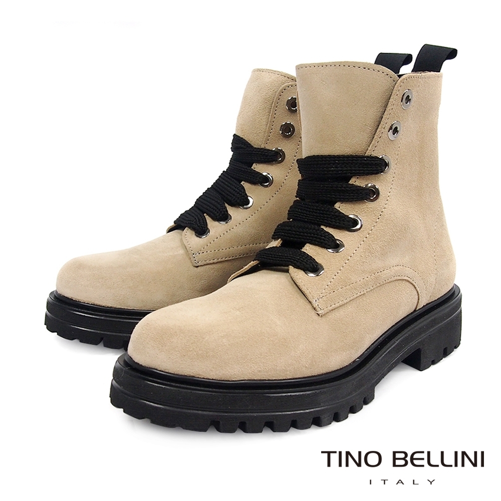 Tino Bellini西班牙進口亮眼全真皮綁帶工程短靴_米