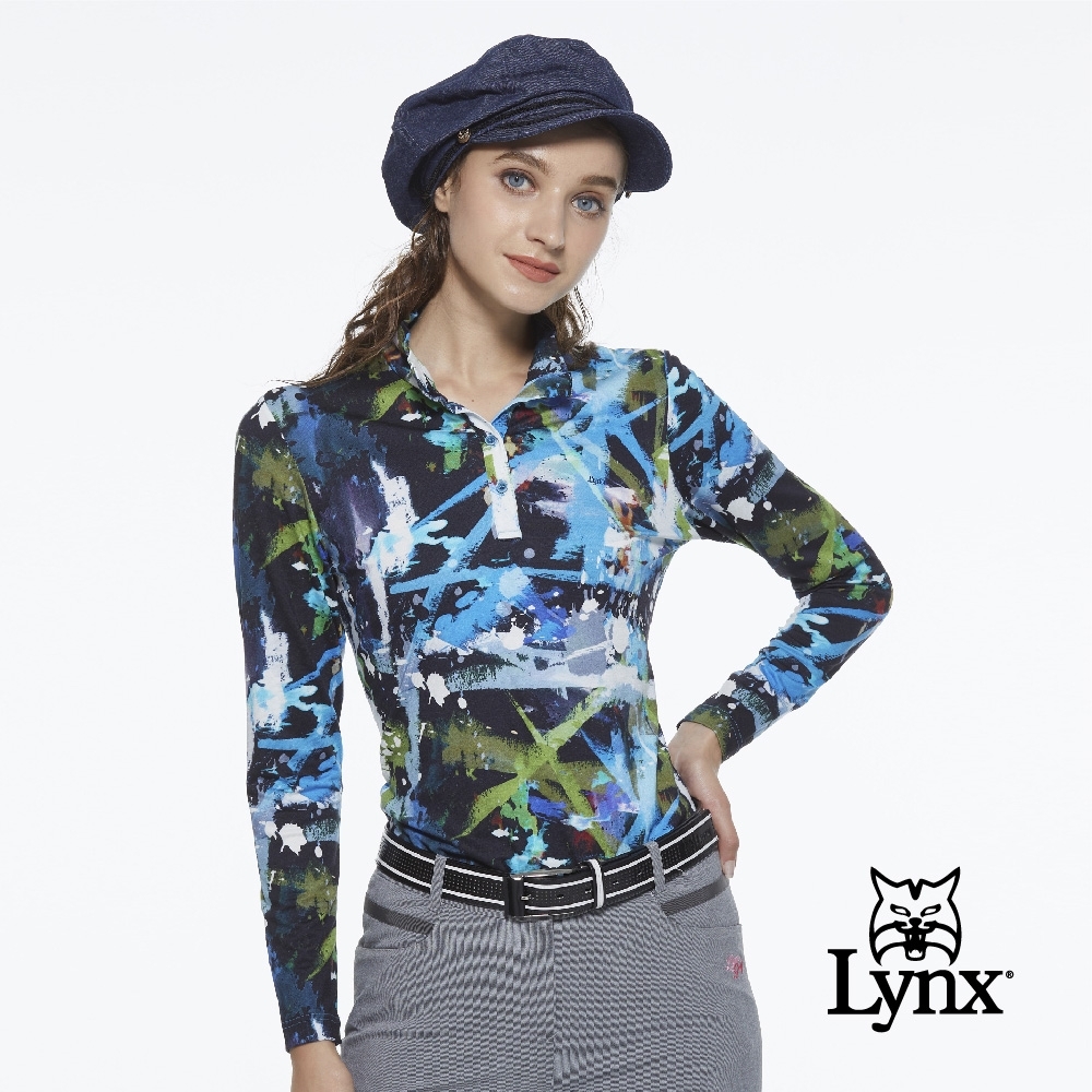 【Lynx Golf】女款進口布料潑漆塗鴉風花布長袖立領POLO衫-寶藍色