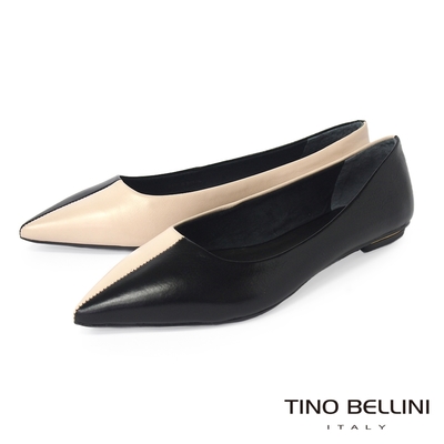 Tino Bellini 巴西進口法式簡約雙色拼接尖頭平底鞋-黑