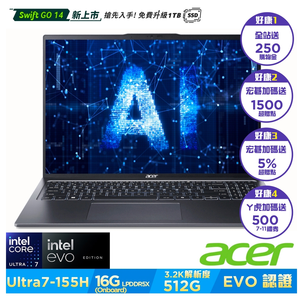 Acer 宏碁 Swift Go SFG16-72-710T 16吋AI輕薄筆電(Core Ultra 7-155H/16GB/512GB/Win11)｜EVO認證