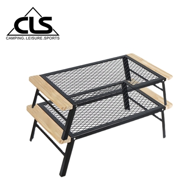 韓國CLS 折疊收納露營耐熱網桌 (木紋握柄升級款) 洞洞桌 折疊桌 烤肉桌(超值兩入組)