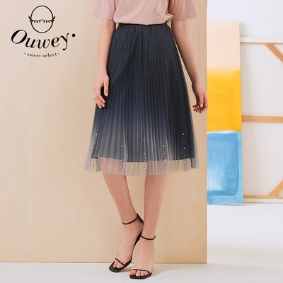 OUWEY歐薇 甜美釘珠造型漸層壓褶紗裙(深藍)3212072244