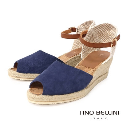 Tino Bellini 西班牙進口牛麂皮露趾麻邊楔型涼鞋-藍