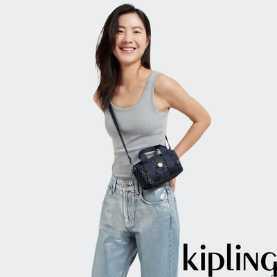 Kipling 沉穩藍三角花紋輕巧圓筒手提肩背兩用包-BINA MINI