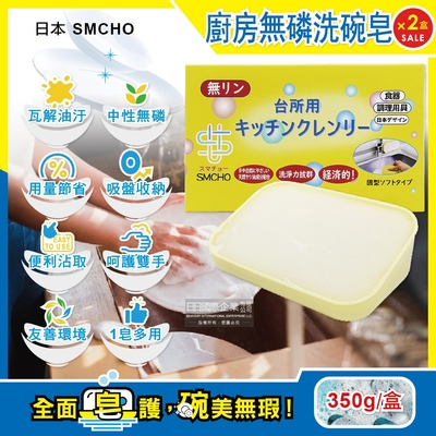 (2盒超值組)日本SMCHO-廚房多用途環保無磷強力去油汙吸盤式洗碗清潔皂350g/盒(附吸盤含底座)