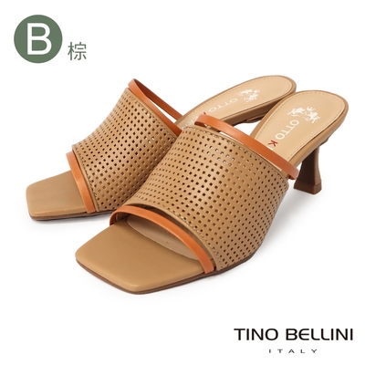 Tino Bellini 巴西進口時髦撞色沖孔簍空細跟涼拖鞋-棕