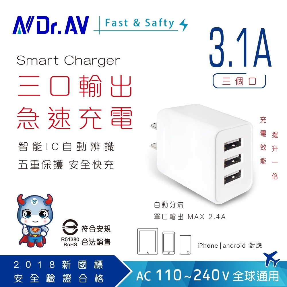 N Dr.AV聖岡科  USB-533 3.1A USB三孔極速充電器