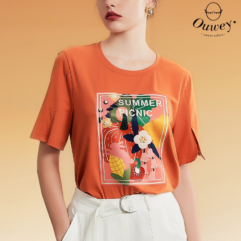 OUWEY歐薇 繽紛水果兔子圖樣膠印短版上衣(桔色；S-L)3232161206