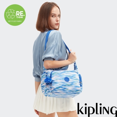 『牛角包』Kipling 藍粉海洋波紋印花多袋實用側背包-GABB