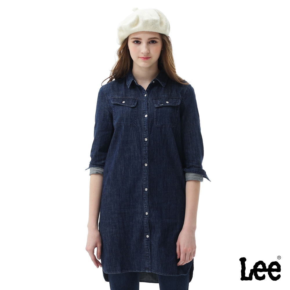 Lee 女款 長版修身設計長袖牛仔襯衫 藍｜Modern